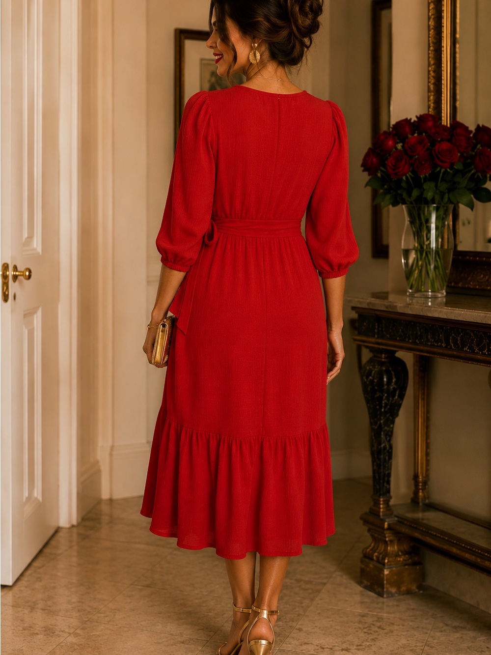 Max Studio Red Wrap Midi Dress with Tie Waist - Picture 3 of 4